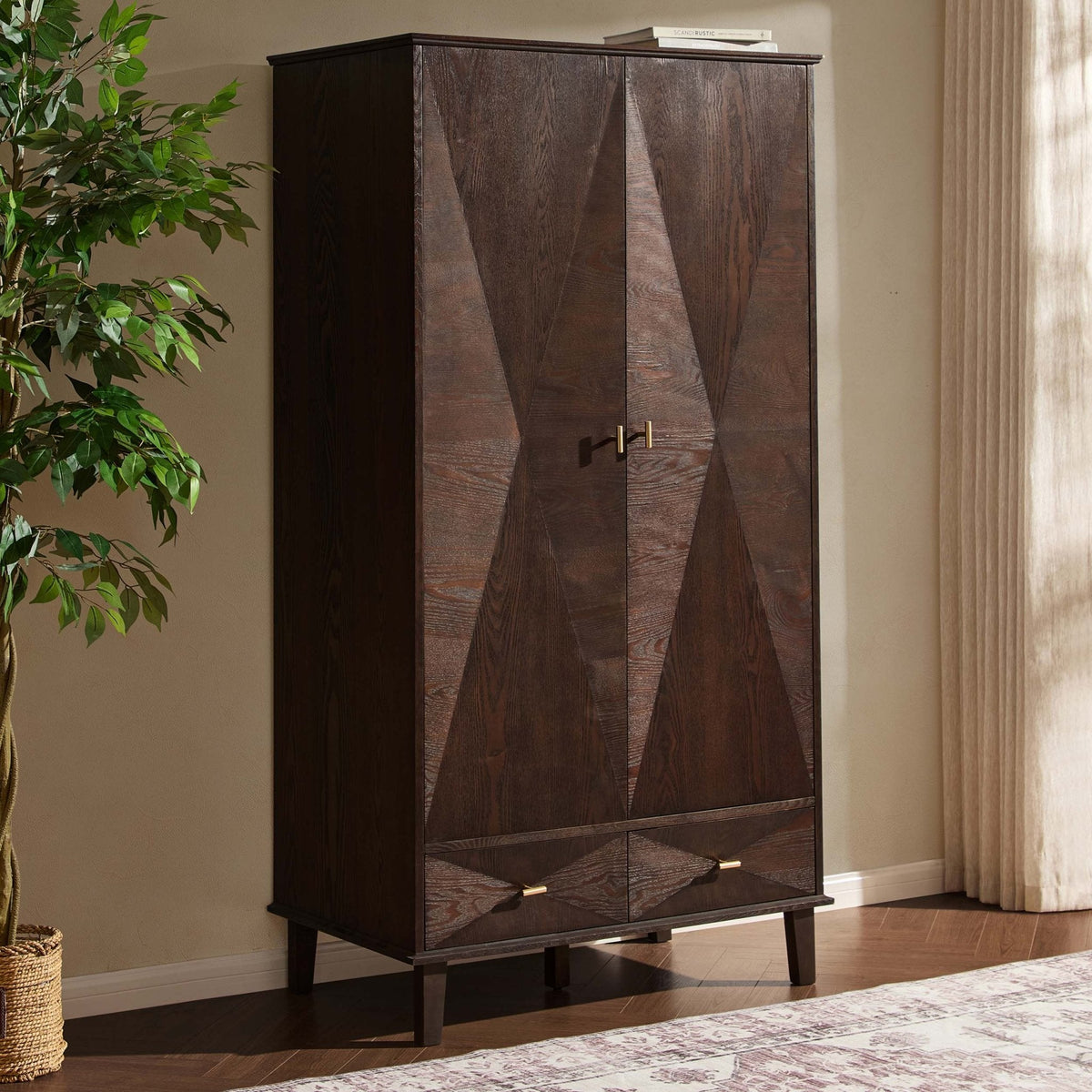 Armoire à 2 portes concave avec tiroirs - Noyer