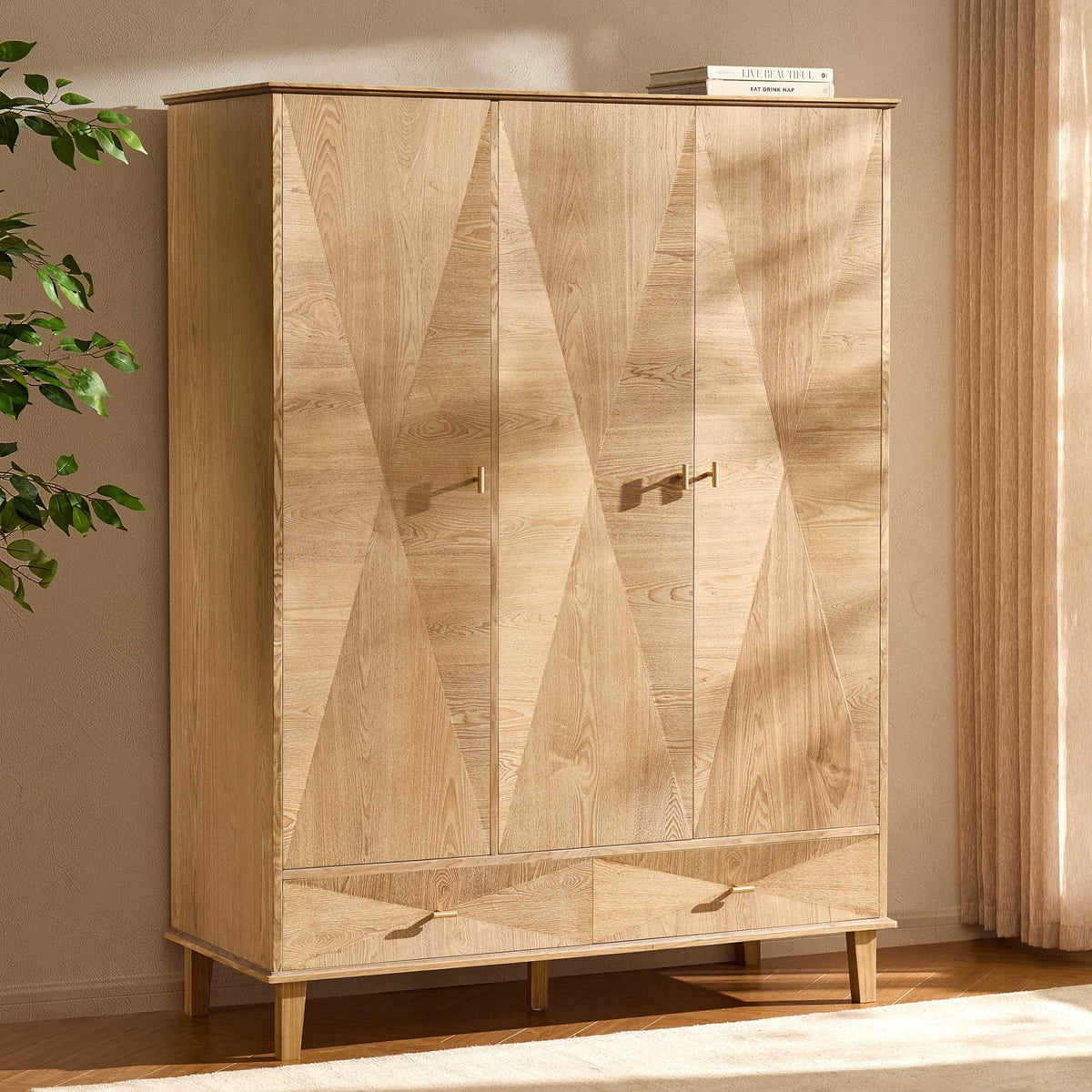 Armoire concave 3 portes avec tiroirs - Bois clair