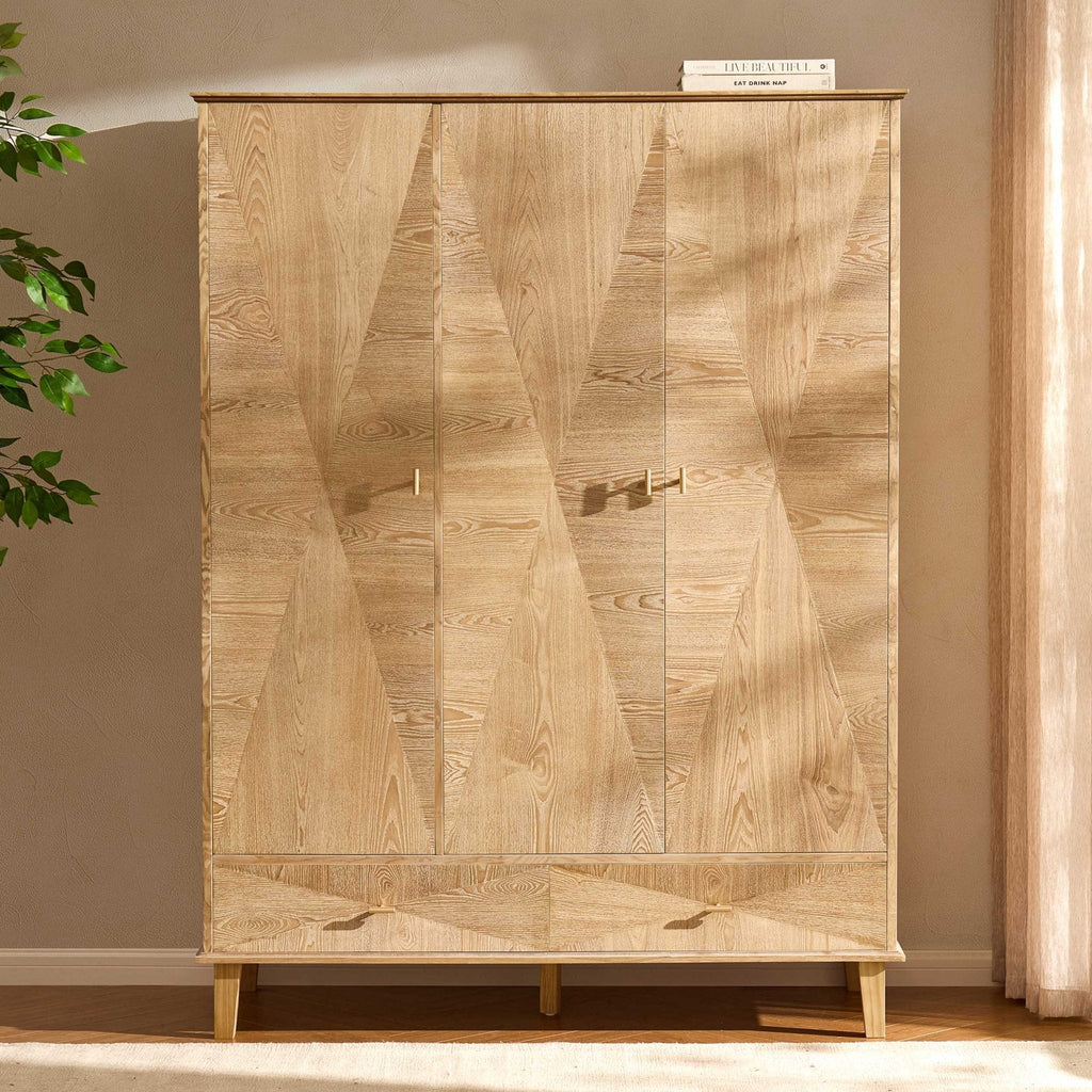 Armoire concave 3 portes avec tiroirs - Bois clair