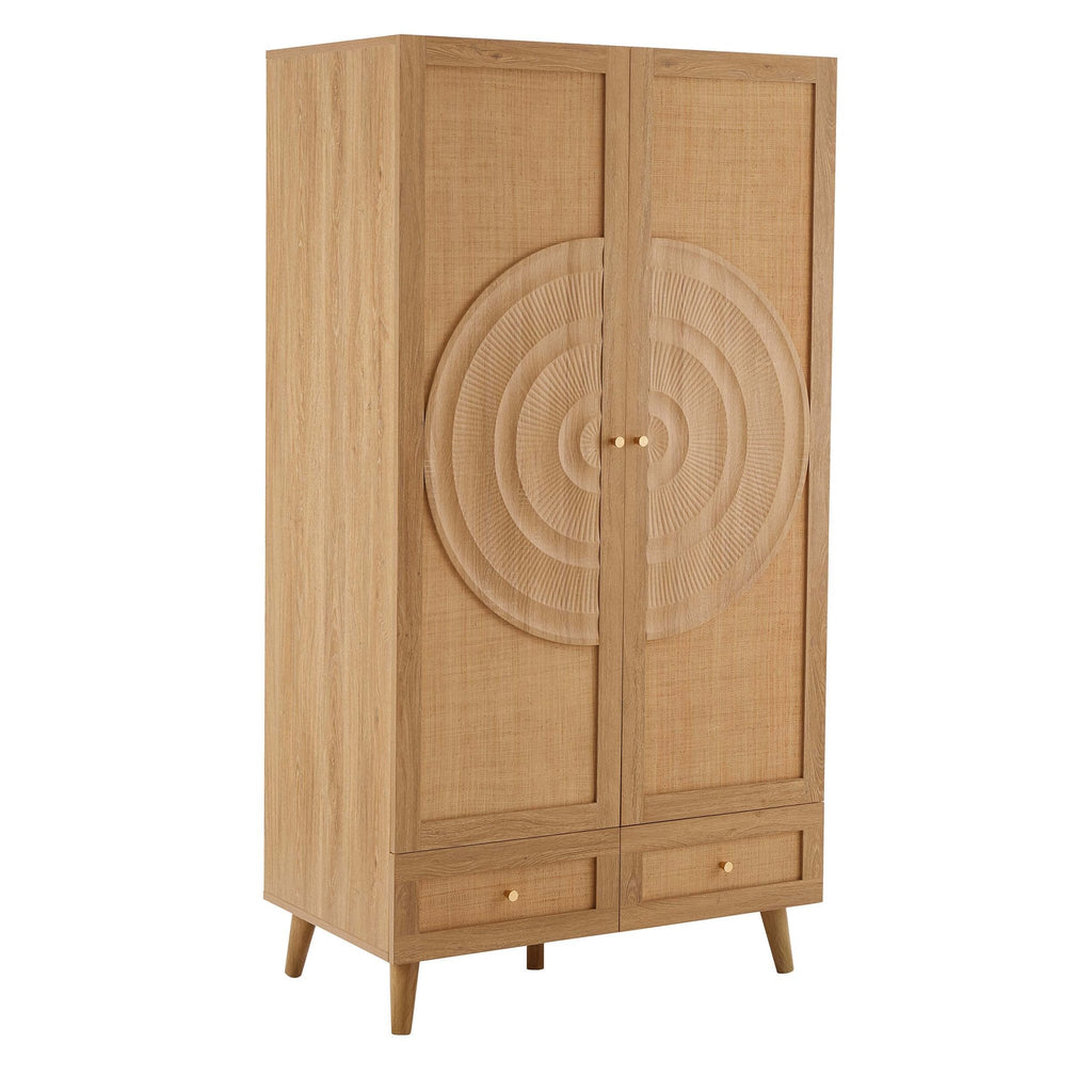 Armoire en rotin à 2 portes avec tiroirs - Bois clair