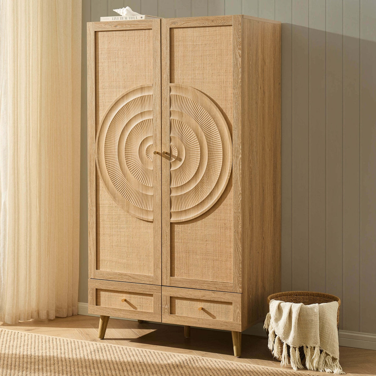 Armoire en rotin à 2 portes avec tiroirs - Bois clair