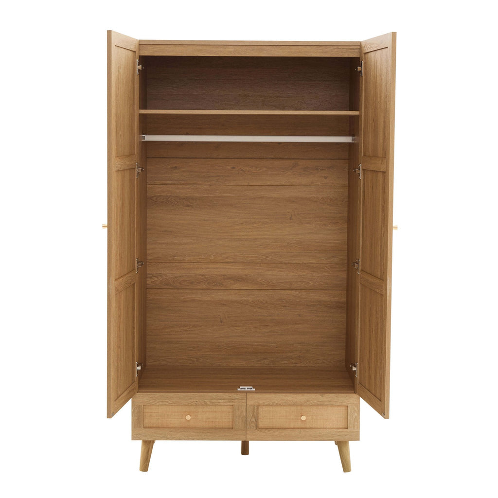 Armoire en rotin à 2 portes avec tiroirs - Bois clair
