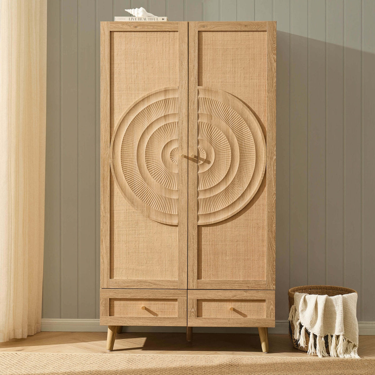 Armoire en rotin à 2 portes avec tiroirs - Bois clair