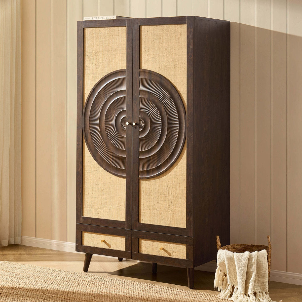 Armoire 2 portes avec tiroirs en rotin - Noyer