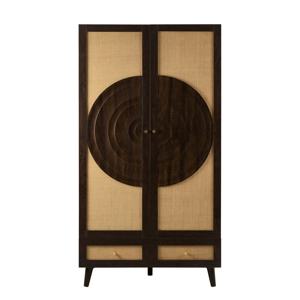 Armoire 2 portes avec tiroirs en rotin - Noyer