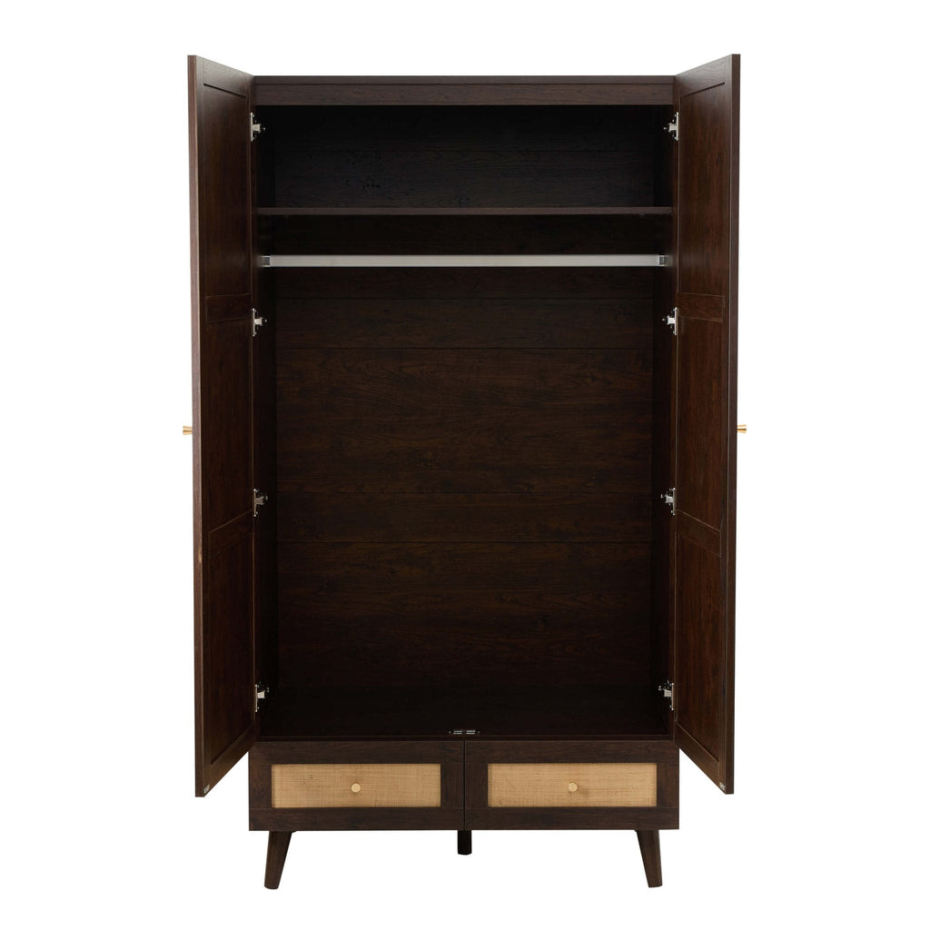 Armoire 2 portes avec tiroirs en rotin - Noyer