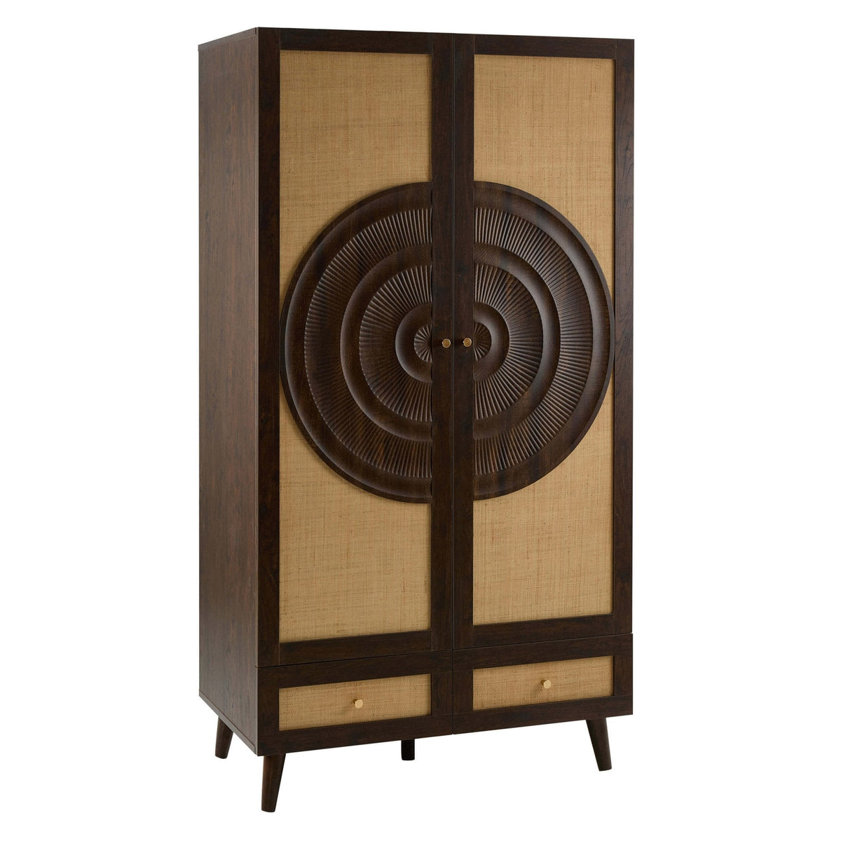 Armoire 2 portes avec tiroirs en rotin - Noyer