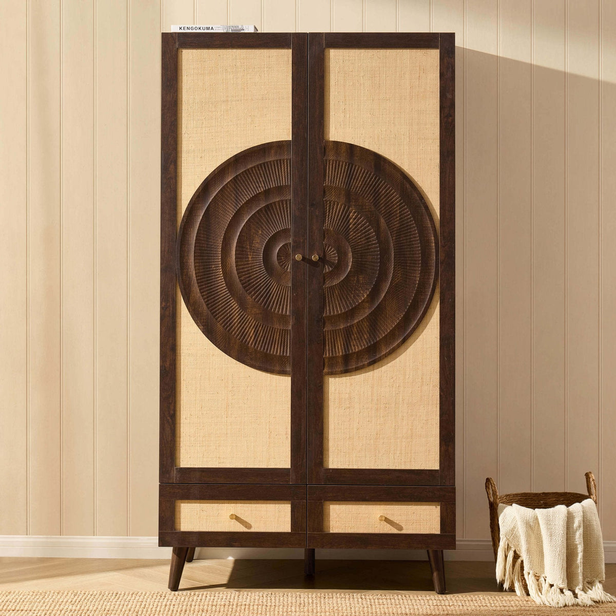Armoire 2 portes avec tiroirs en rotin - Noyer