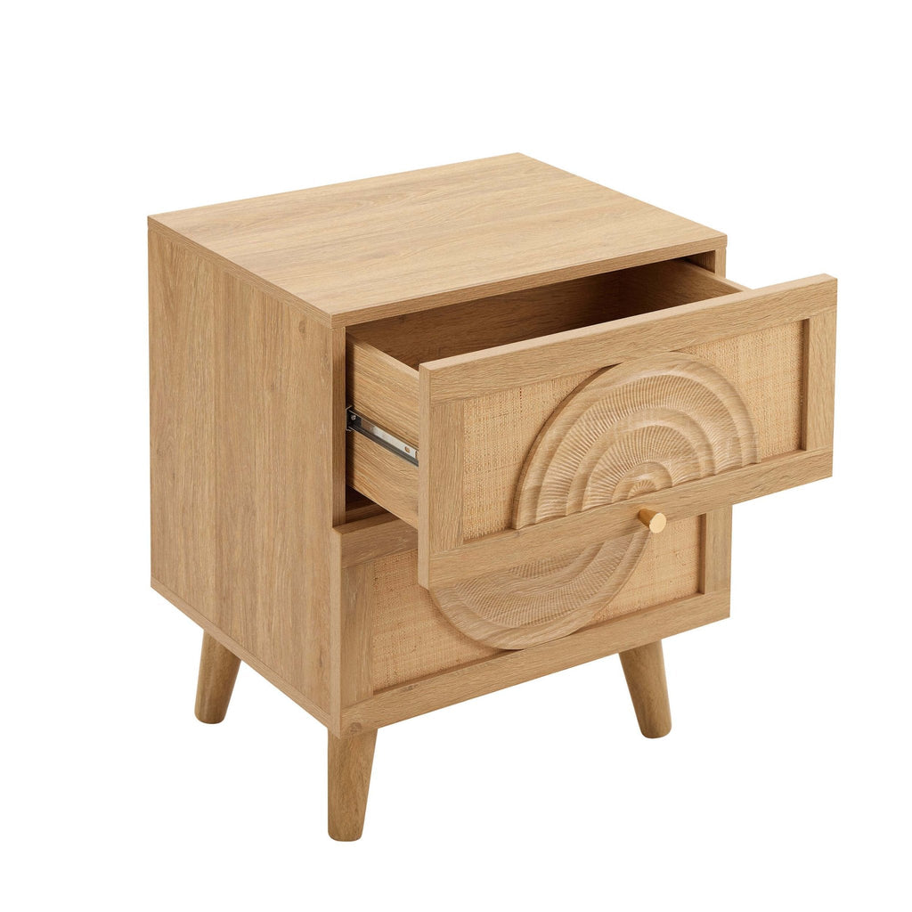 Table de chevet en rotin à 2 tiroirs - Bois clair