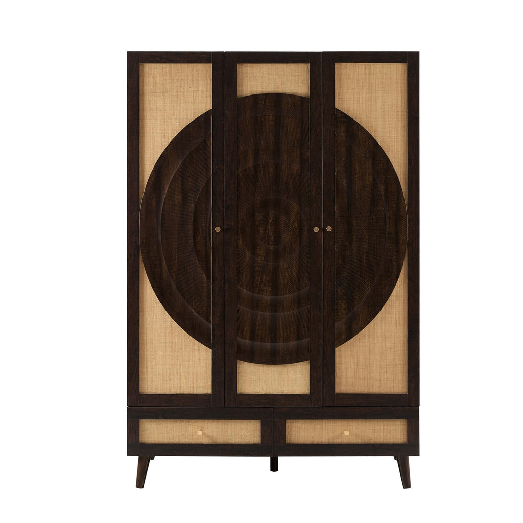 Armoire 3 portes en rotin avec tiroirs - Noyer
