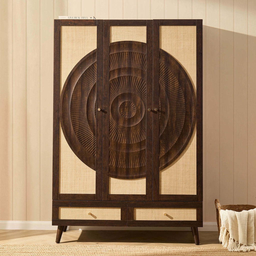 Armoire 3 portes en rotin avec tiroirs - Noyer