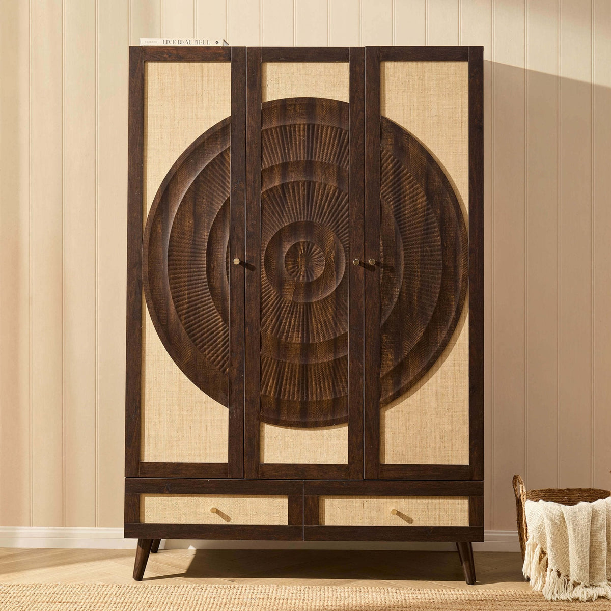 Armoire 3 portes en rotin avec tiroirs - Noyer