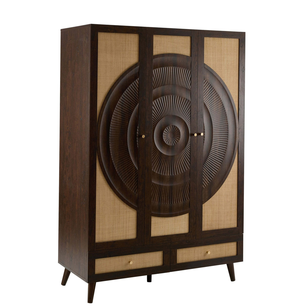 Armoire 3 portes en rotin avec tiroirs - Noyer
