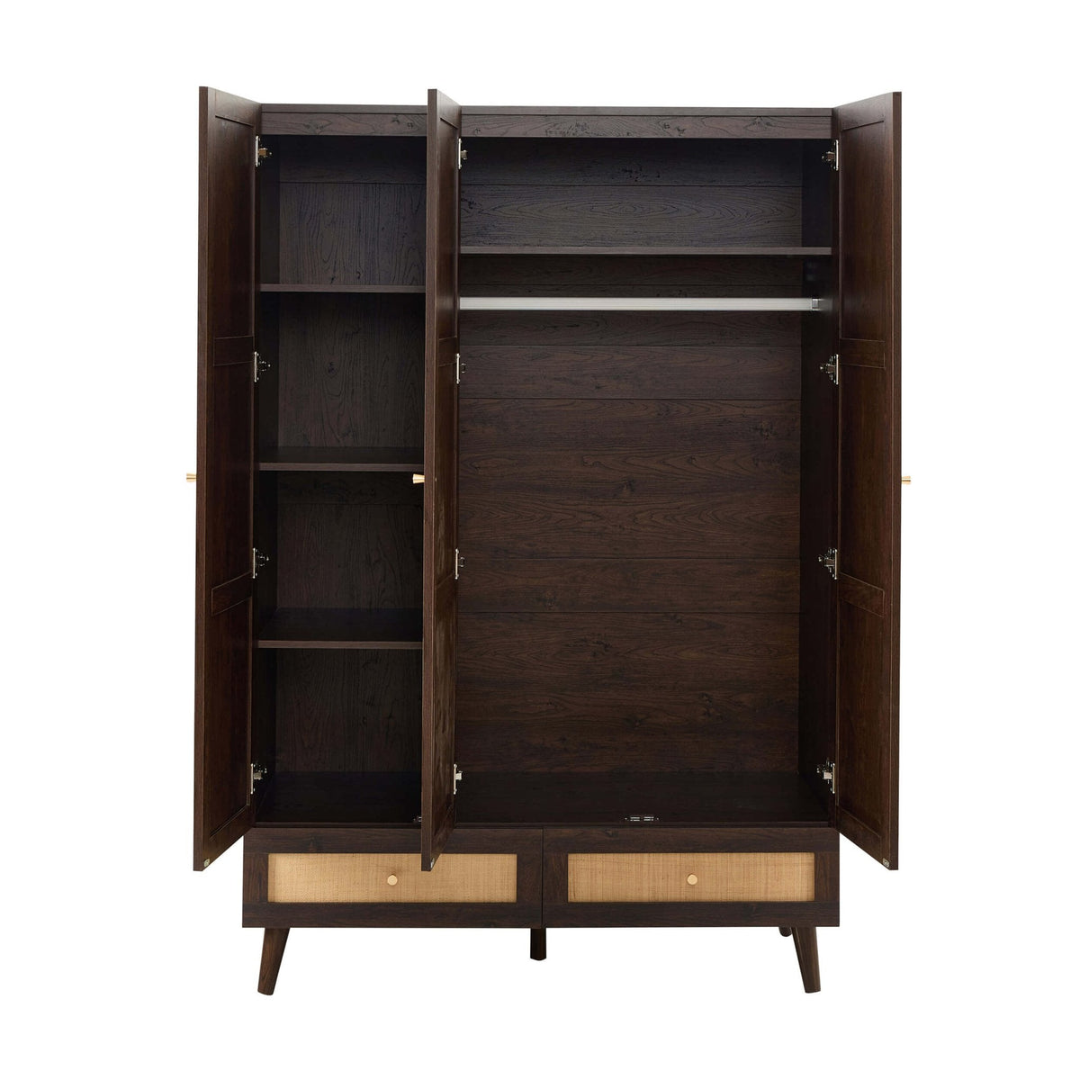 Armoire 3 portes en rotin avec tiroirs - Noyer