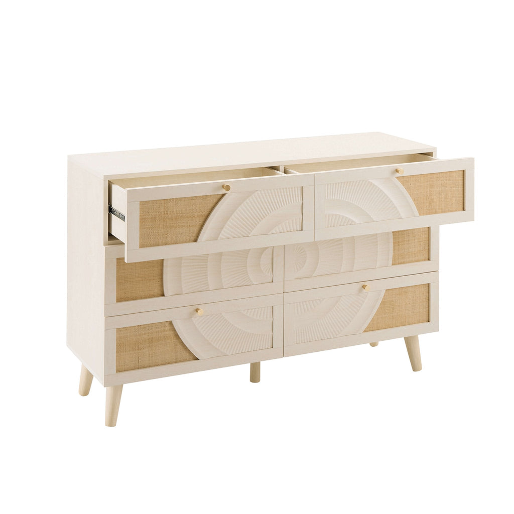 Commode 6 tiroirs en rotin – Effet chêne crème