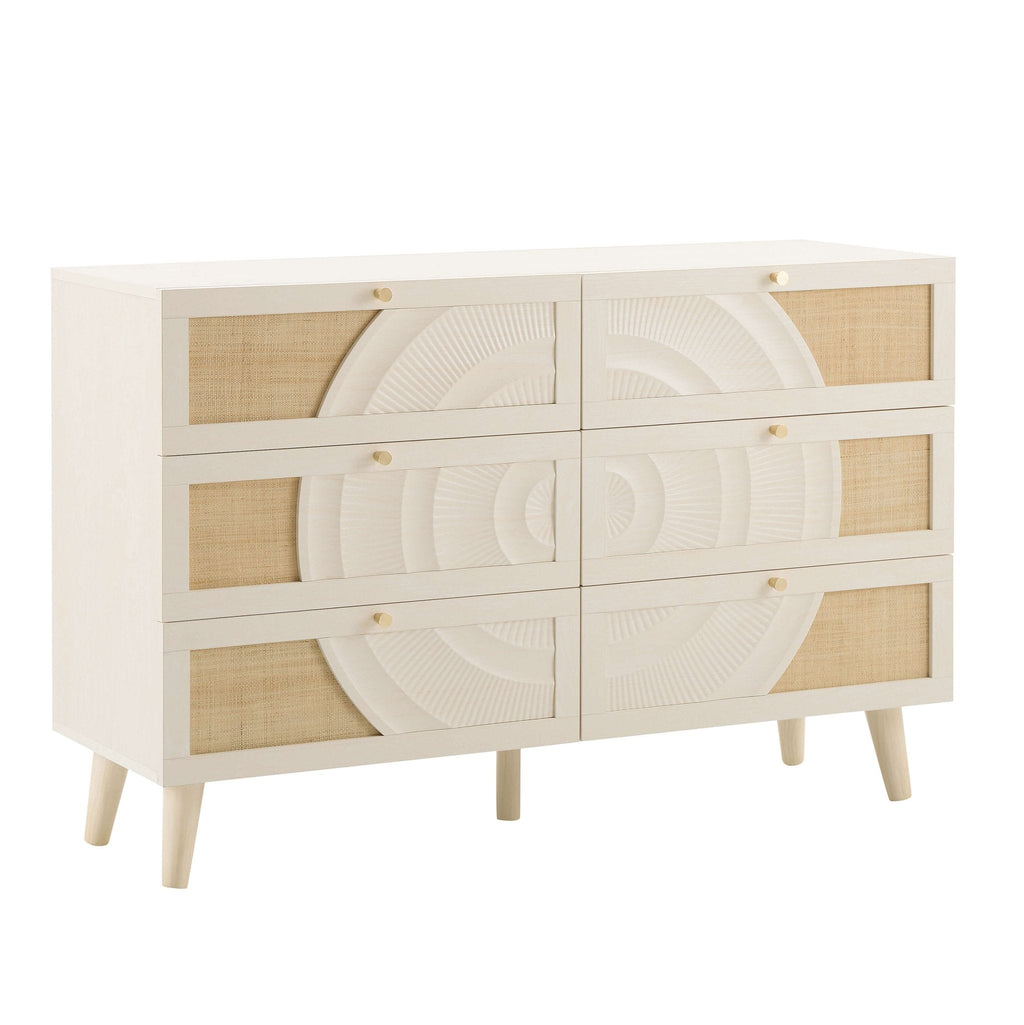 Commode 6 tiroirs en rotin – Effet chêne crème