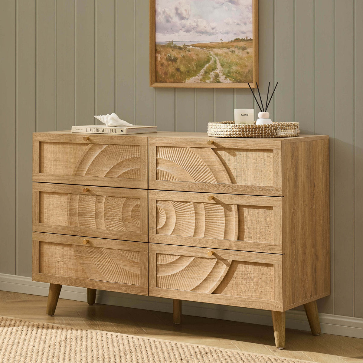 Commode 6 tiroirs en rotin - Bois clair
