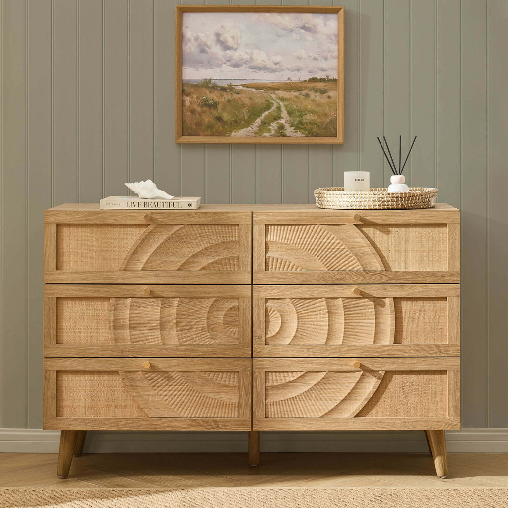 Commode 6 tiroirs en rotin - Bois clair