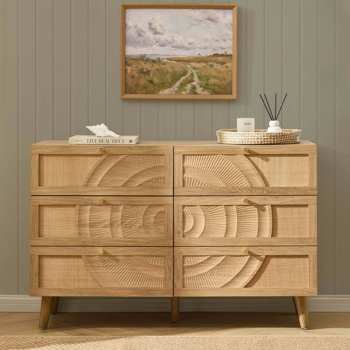Commode 6 tiroirs en rotin - Bois clair