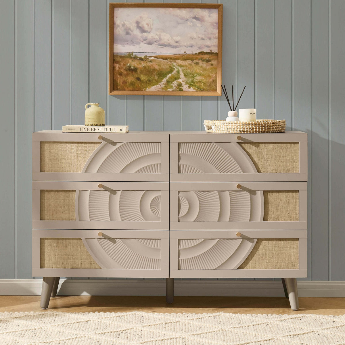 Commode à 6 tiroirs en rotin - Taupe