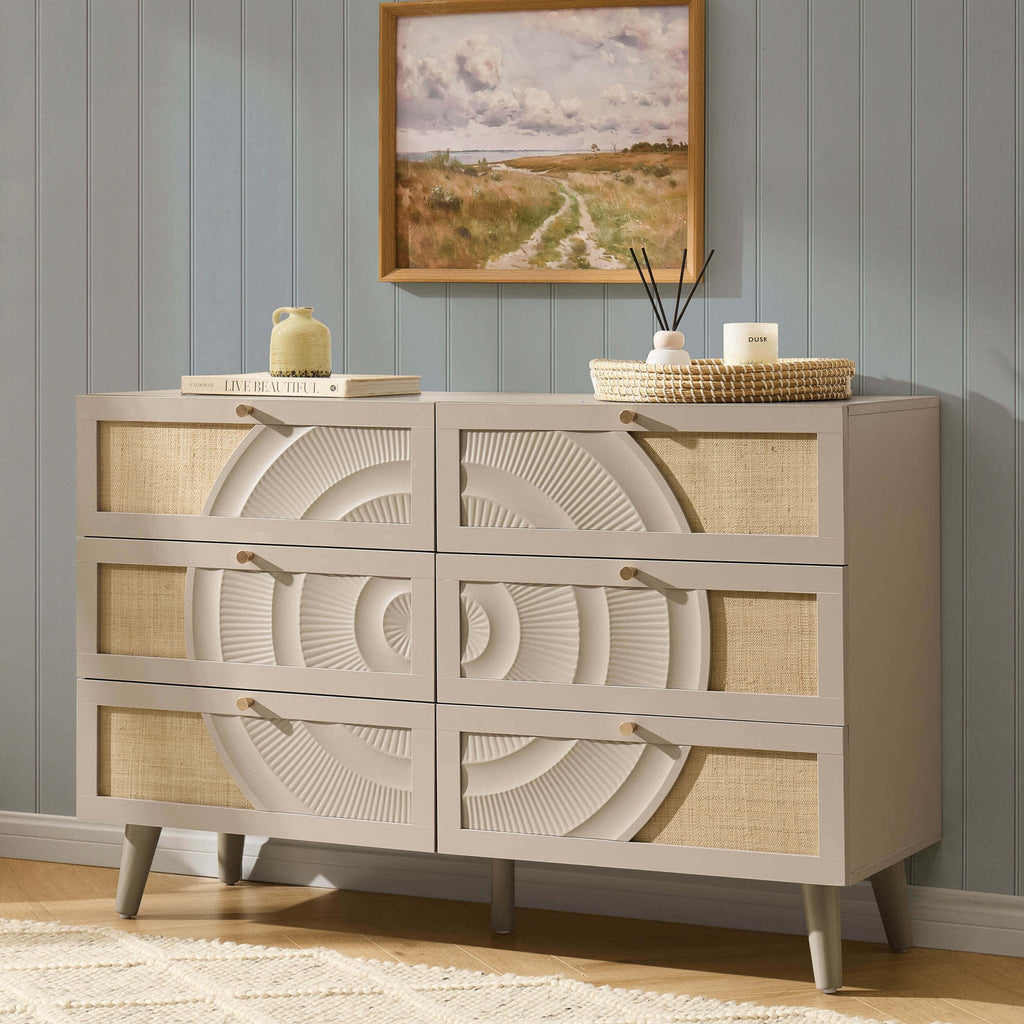 Commode à 6 tiroirs en rotin - Taupe