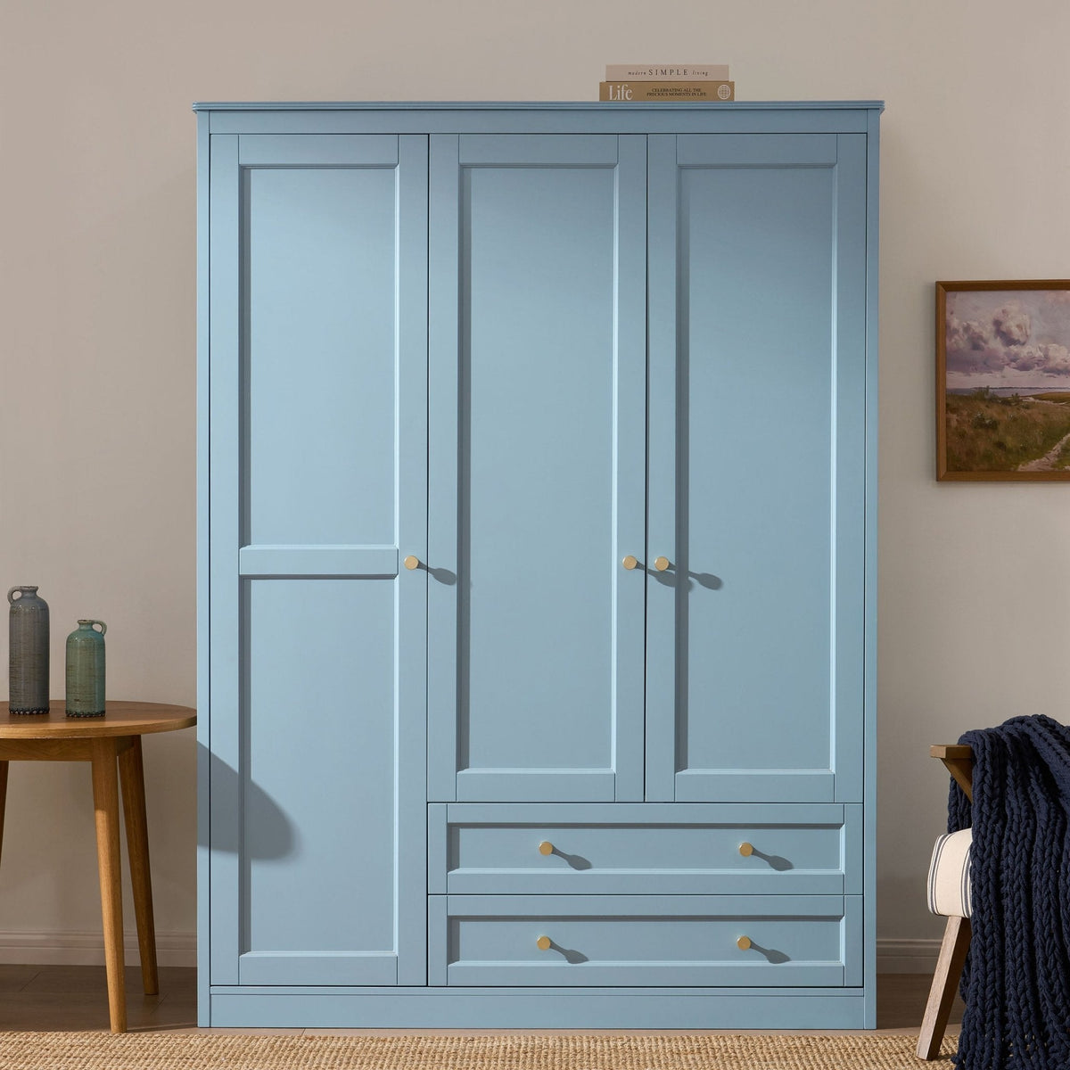 Armoire 3 portes avec tiroirs - Bleu ciel