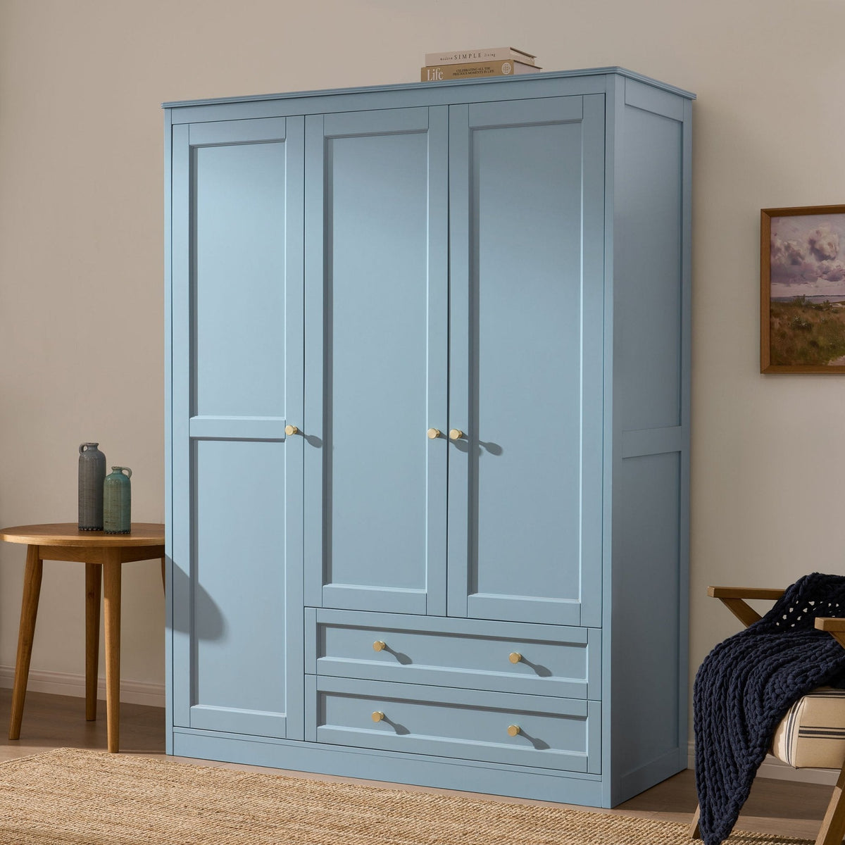Armoire 3 portes avec tiroirs - Bleu ciel
